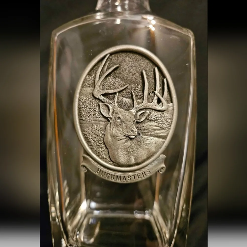 Buckmaster Pewter Whitetail Deer Heritage Metalworks Crystal Glass Vtg Decanter
